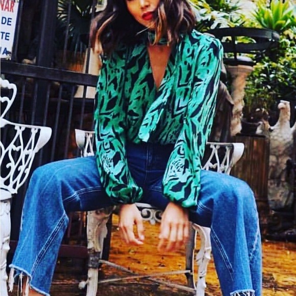 RIXO Tops - Rixo Women's Moss Necktie Tiger Stripe Blouse - Green